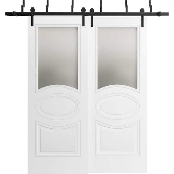 48 in. x 96 in. 2 Panel Frosted Glass Painted White Solid MDF Sliding Barn Door with Hardware Kit