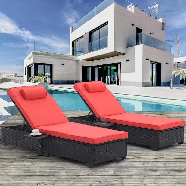 Unbranded PE Rattan Wicker Outdoor Patio Lounge Chair for Pool Lounge Area with Tilt Adjustable Backrest and Red Seat Cushion