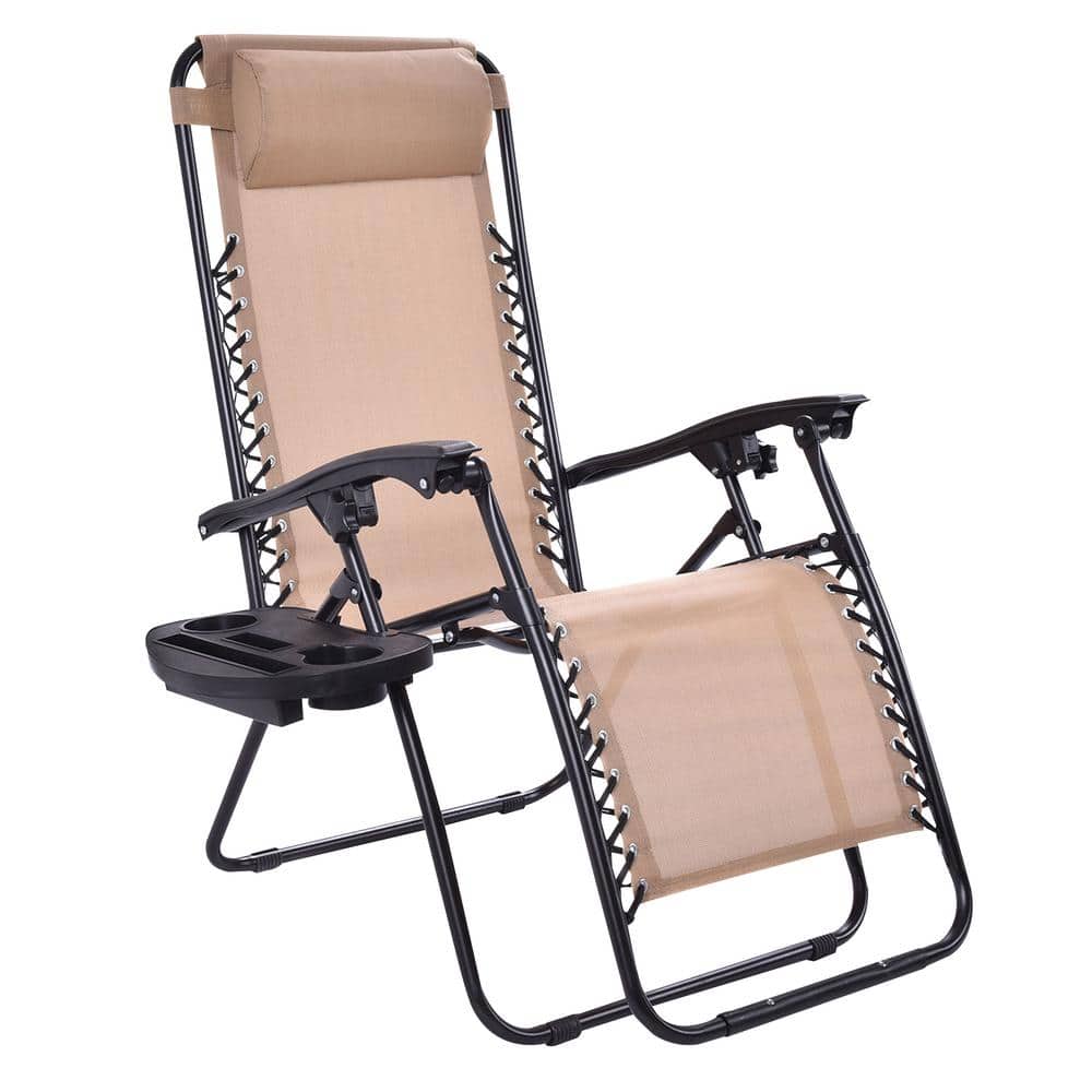 ANGELES HOME Beige Metal Folding and Reclining Zero Gravity Lawn Chair with Tray -  M70-8OP528BE