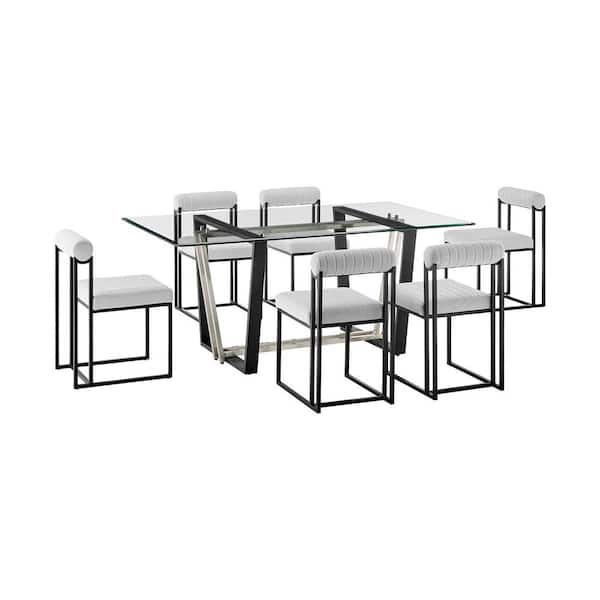 Armen Living Kai Anastasia 7-Piece Light Gray Fabric Black and Glass Top Dining Set Seats 6