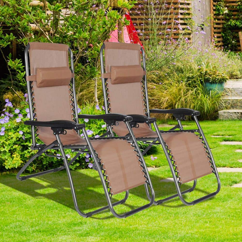 Brown and Black Stainless Steel Zero Gravity Outdoor Chaise Lounge with Cushions