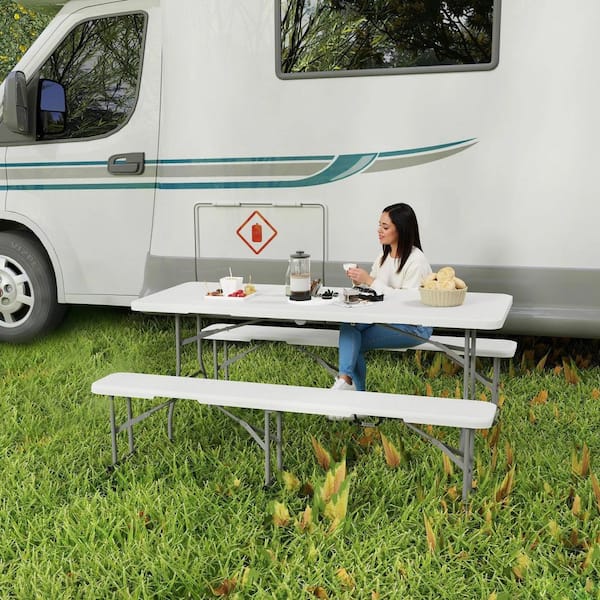 70.87 in. Black Rectangle Iron, 6 ft. 3-Piece Portable Folding Picnic Table & Bench Set Seats 6 People Carrying Handles