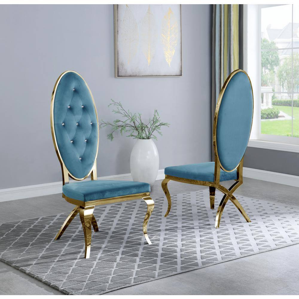 Teal Blue Velvet Upholstered Side Chair with Gold Metal Legs