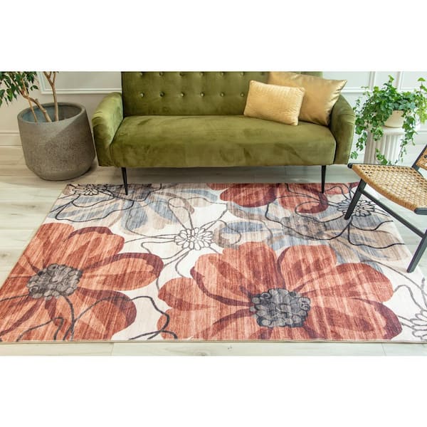 Modern Floral Red Beige 7 ft. x 10 ft. Indoor Soft Area Rug