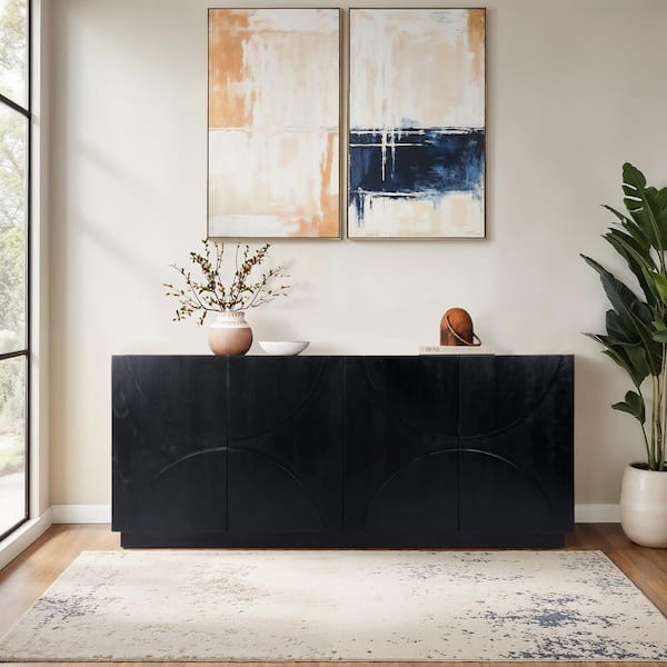Dark Black Wood 70 in. Half Circle 4-Door Sideboard