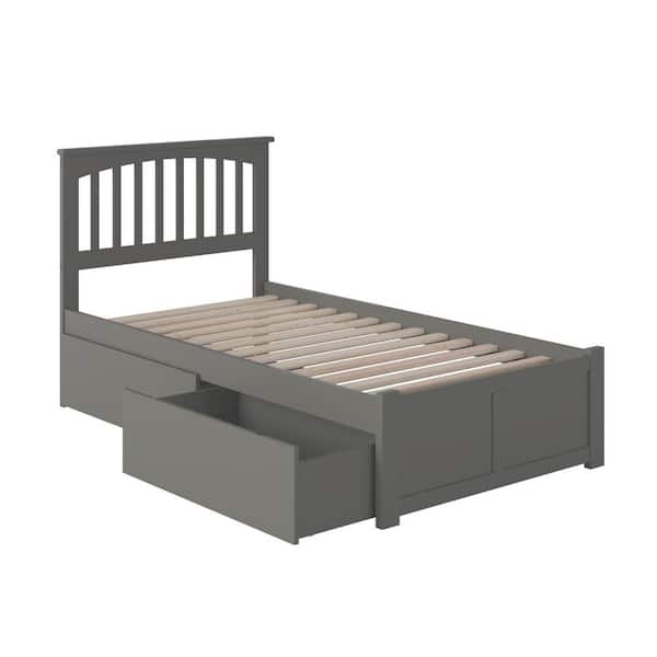 AFI Mission Grey Twin Solid Wood Storage Platform Bed with Flat Panel Foot Board and 2 Bed Drawers