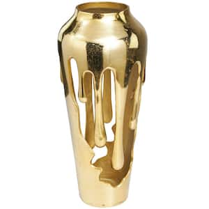 19 in. Gold Drip Aluminum Metal Decorative Vase with Melting Designed Body