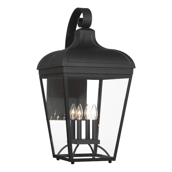 Marquee 29 in. Sand Black Outdoor Hardwired Lantern Wall Sconce with Clear Glass Shades and No Bulb Included