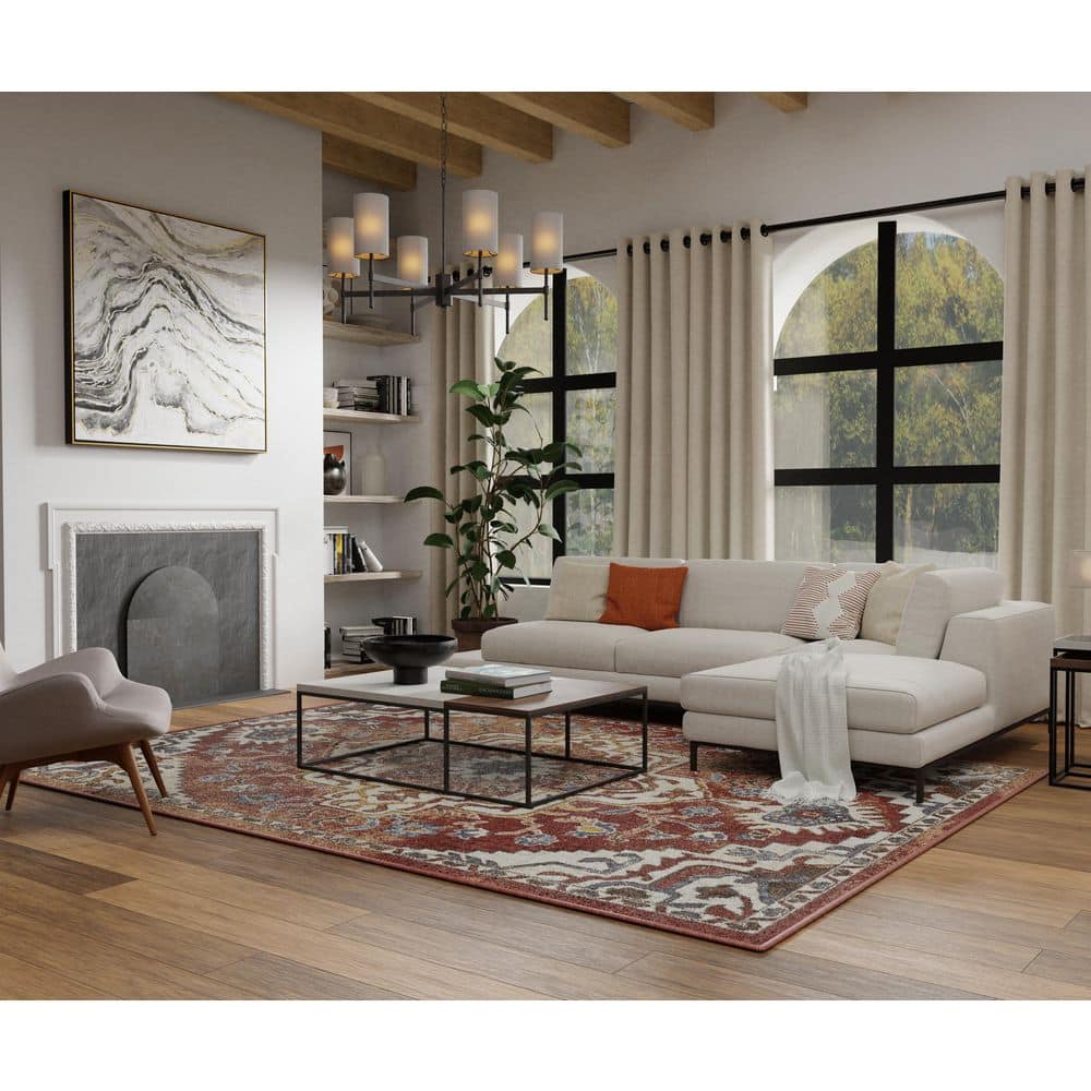 Oriental-Inspired Orange Watercolor 6' x 9' Synthetic Area Rug