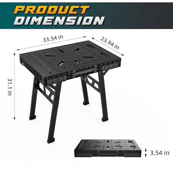 34 in. W x 24 in. D x 31 in. H Black Foldable Work Bench, Portable