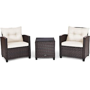 3-Piece Steel PE Wicker Outdoor Sofa Set Patio Conversation Set with Beige Cushions