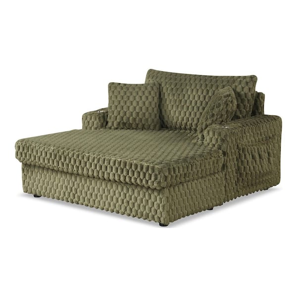 Nattel Olive Green Chenille Cushion Back and 2 Track Arms Chaise Lounge with Cup Holders