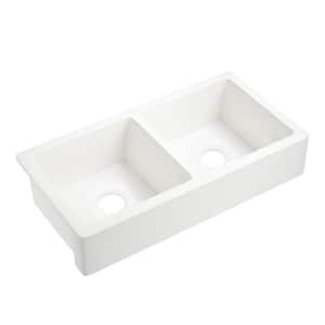 37 in. Undermount Ceramic 2-Compartment Commercial Kitchen Sink in White