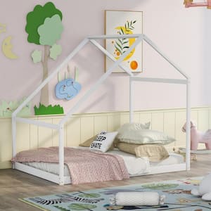 White Full Size House Shape Floor Bed, Full Wood Bed Frame with Roof for Toddlers Kids Boys Girls, Box Spring Needed