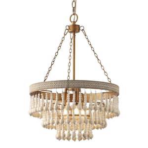 Boho 3-Light Distressed White Wood Beaded 3-Tier Chandelier for Kitchen Island and Bedroom