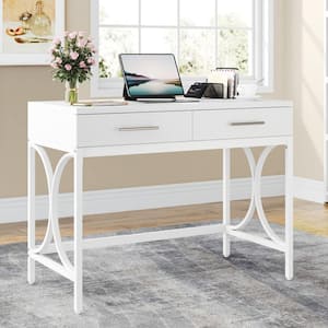 Halseey 41 in. Rectangular White Wood 2-Drawer Computer Desk, Modern Study Writing Desk for Home Office