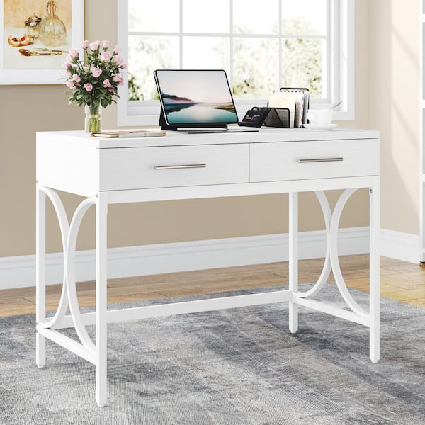 TRIBESIGNS WAY TO ORIGIN Halseey 41 in. Rectangular White Wood 2-Drawer Computer Desk, Modern Study Writing Desk for Home Office