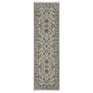 Ambrose Beige/Blue 2 ft. x 8 ft. Traditional Persian Floral Polyester Fringe Edge Indoor Runner Area Rug