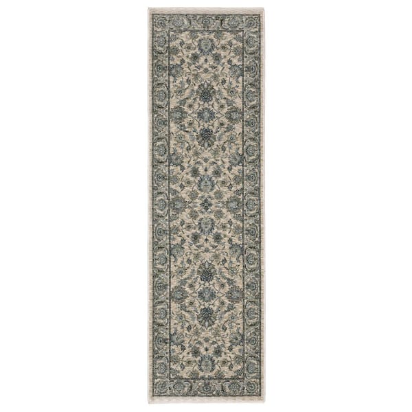 AVERLEY HOME Ambrose Beige/Blue 2 ft. x 8 ft. Traditional Persian Floral Polyester Fringe Edge Indoor Runner Area Rug