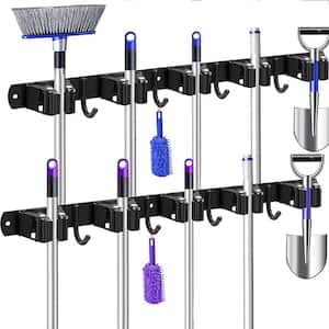 (2-Pack) Mop & Broom Holder Wall Mounted Metal Tool Storage Organizer Rack, Black, 4 Slots & 5 Hooks