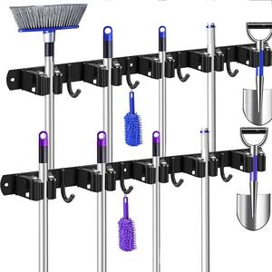 IMILLET 2-Pack Wall Mount Mop And Broom Holder - 5 Slots & 6 Hooks Organizer For Cleaning Tools (Black)