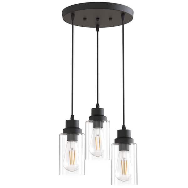 64.9 in. 3-Light Black Modern Cluster Pendant Light with Clear Glass Shades for Kitchen Dining Room No Bulbs Included