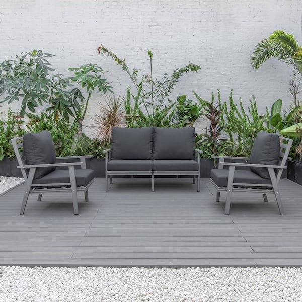 Leisuremod Walbrooke Grey 3-Piece Aluminum Outdoor Loveseat and Set of 2 Armchairs with Removable Cushions, Charcoal