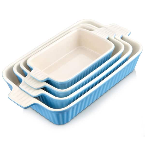 4-Piece Rectangular Blue Porcelain Casserole Dish Set with Deep Handles, Ribbed Texture, Oven & Microwave Safe