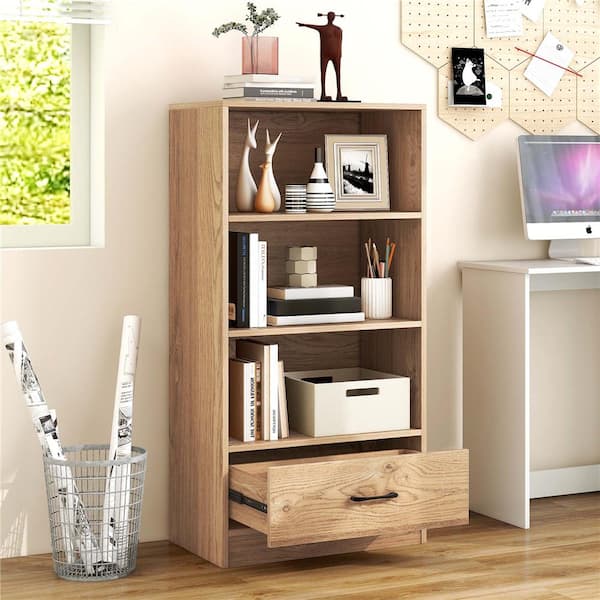 48 in. Beige 4-Tier Engineered Wood Bookcase Display Bookshelf Storage Organizer with Shelves and Drawer