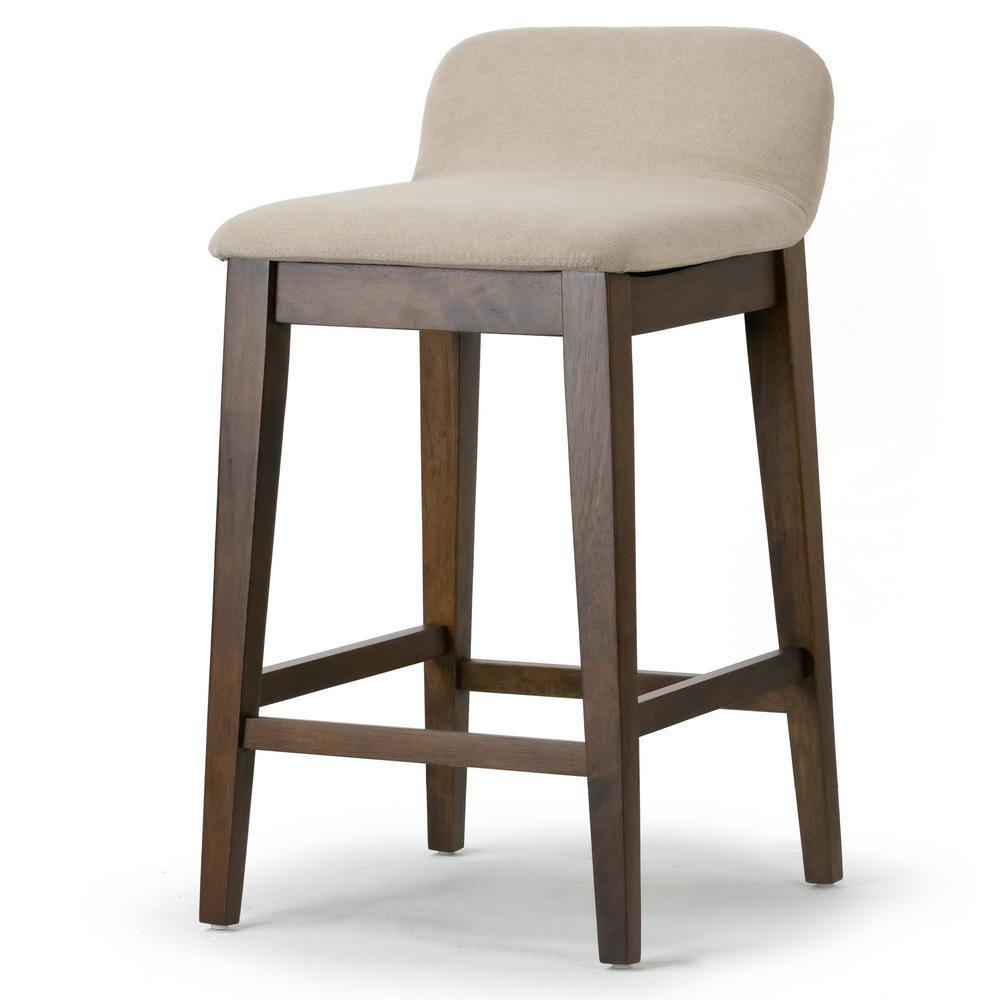 Set of 2 Dark Brown Wood Counter Stools with Beige Fabric Seats