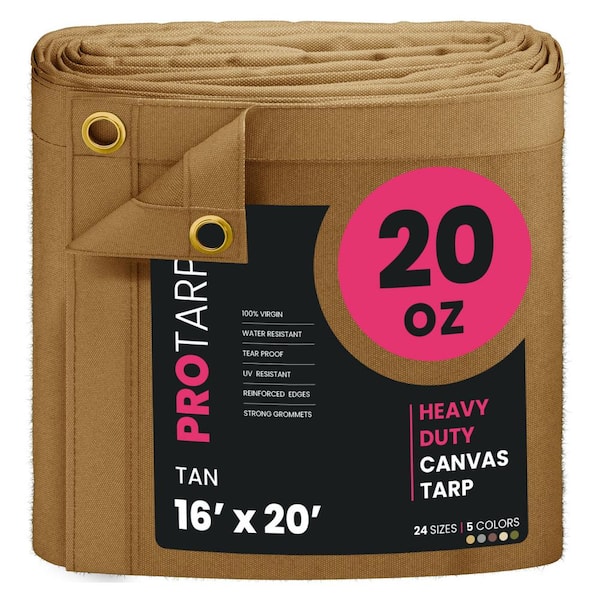 Extreme Heavy Duty 20 OZ Water Resistant Canvas Tarp, UV Resistant Tarpaulin Cover Tan 16X20