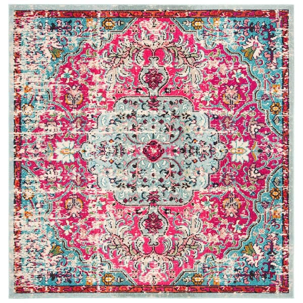 SAFAVIEH Madison Fuchsia/Teal 8 ft. x 8 ft. Border Geometric Floral Medallion Square Area Rug