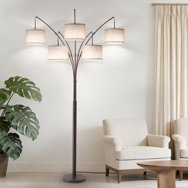 80" Arc Brown Modern 5-Light Tall Standing Tree-Style Floor Lamp with Remote, Adjustable Arched Arm, 3-Color Temperature