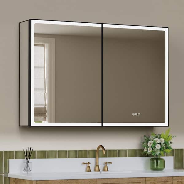 Amelia 48 in. W x 32 in. H Rectangular Aluminum Medicine Cabinet with Mirror, Adjustable Shelf, Dimmable Light, Anti-Fog