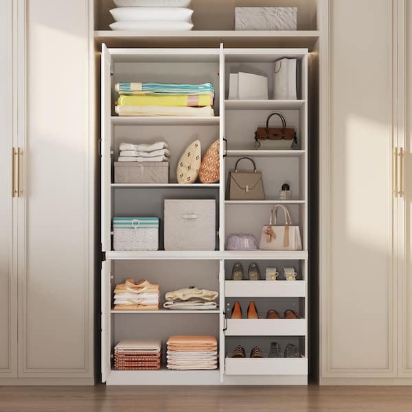 White Wood 47.2 in. Armoire Wardrobe with 4 Cabinet Doors, Open Pull-Out Drawers and Adjustable Shelves for Storage