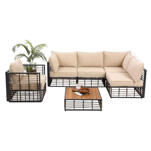 FIROMO 6-Piece Wicker Outdoor Sectional with Beige Cushions