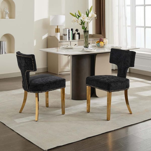 Unbranded Black Mid Century Modern Dining Chairs Chenille Upholstered Accent Chair with Curved Backrest and Golden Legs (Set of 2)