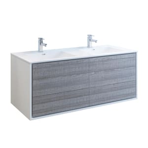 Catania 60 in. Modern Double Wall Hung Bath Vanity in Glossy Ash Gray,Vanity Top in White with White Basins
