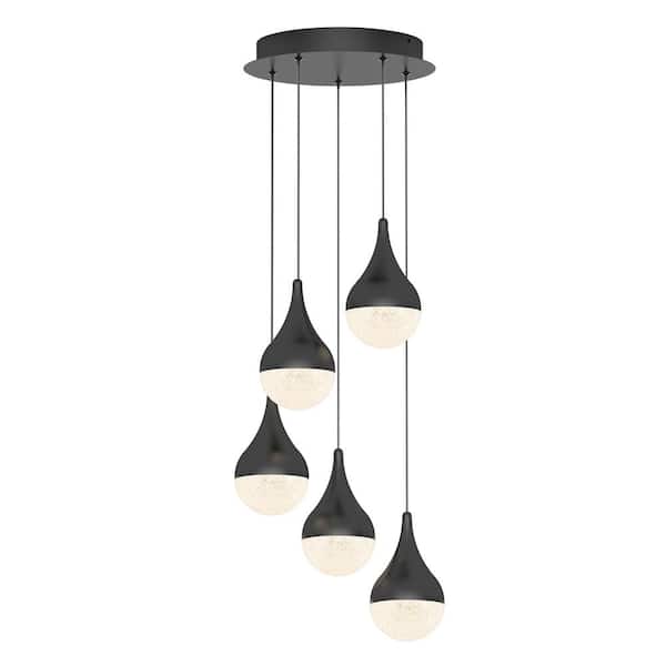 Glitzer 30-Watt 5 Light Black Modern Integrated LED Pendant Light Fixture for Dining Room or Kitchen