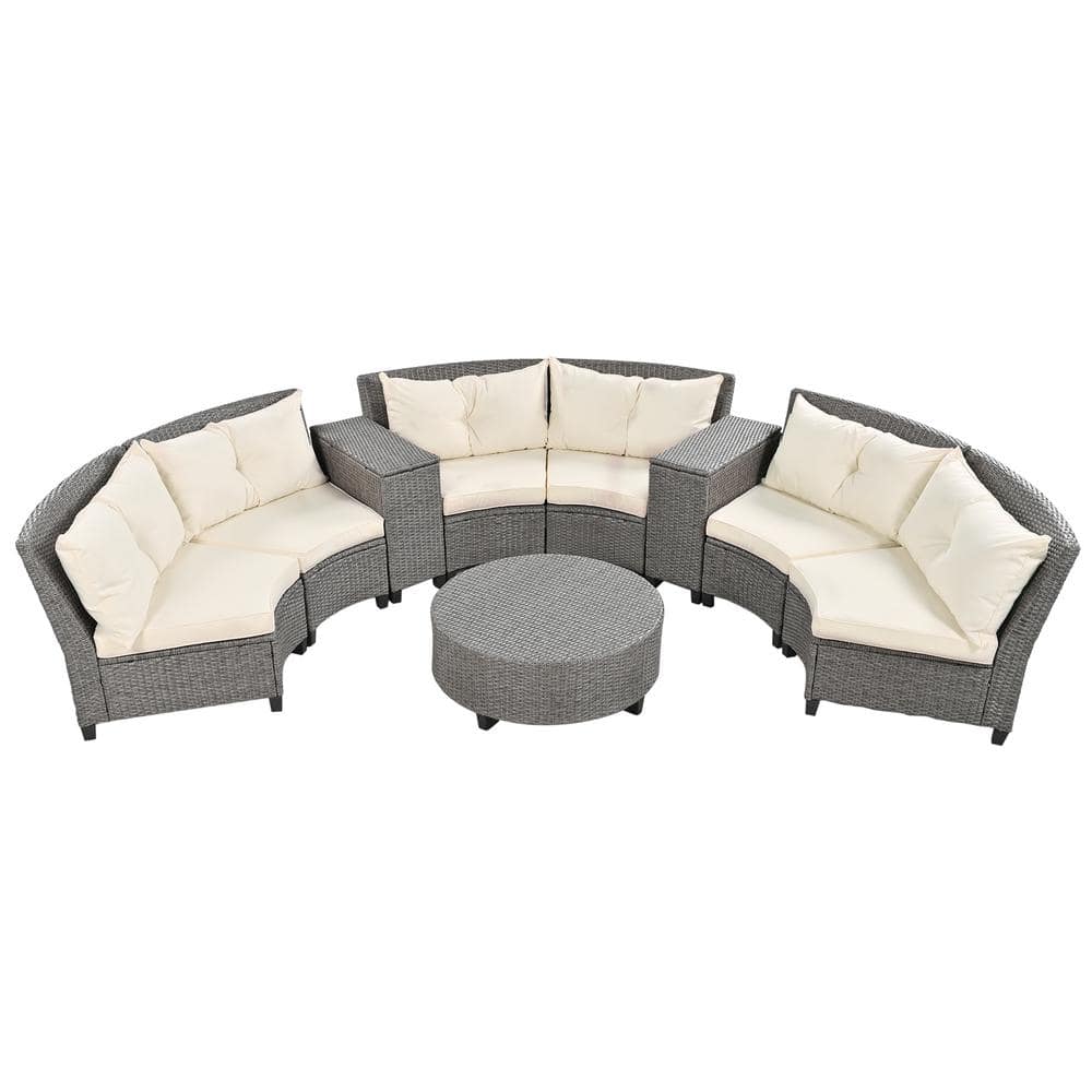 Gray 7-Piece Wicker Outdoor Sectional Set Patio Furniture Set with Beige Cu
