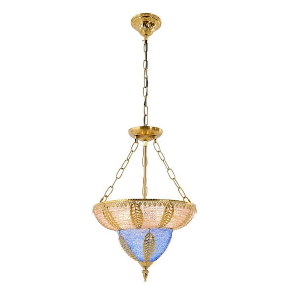 OUKANING 3-Light Gold Bohemian Style Pendant Light with Multicolored Shade and Adjustable Height, No Bulbs Included