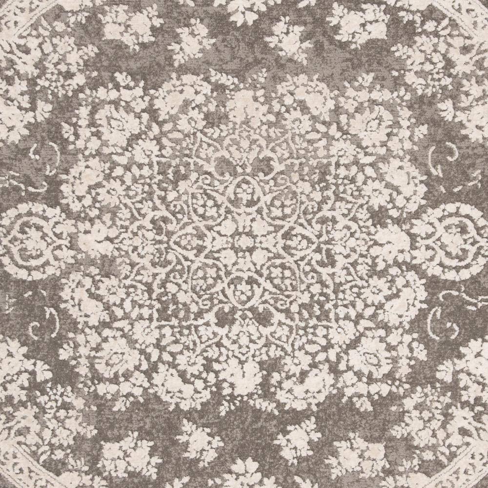 Round Dark Grey and Cream Synthetic Floral Area Rug