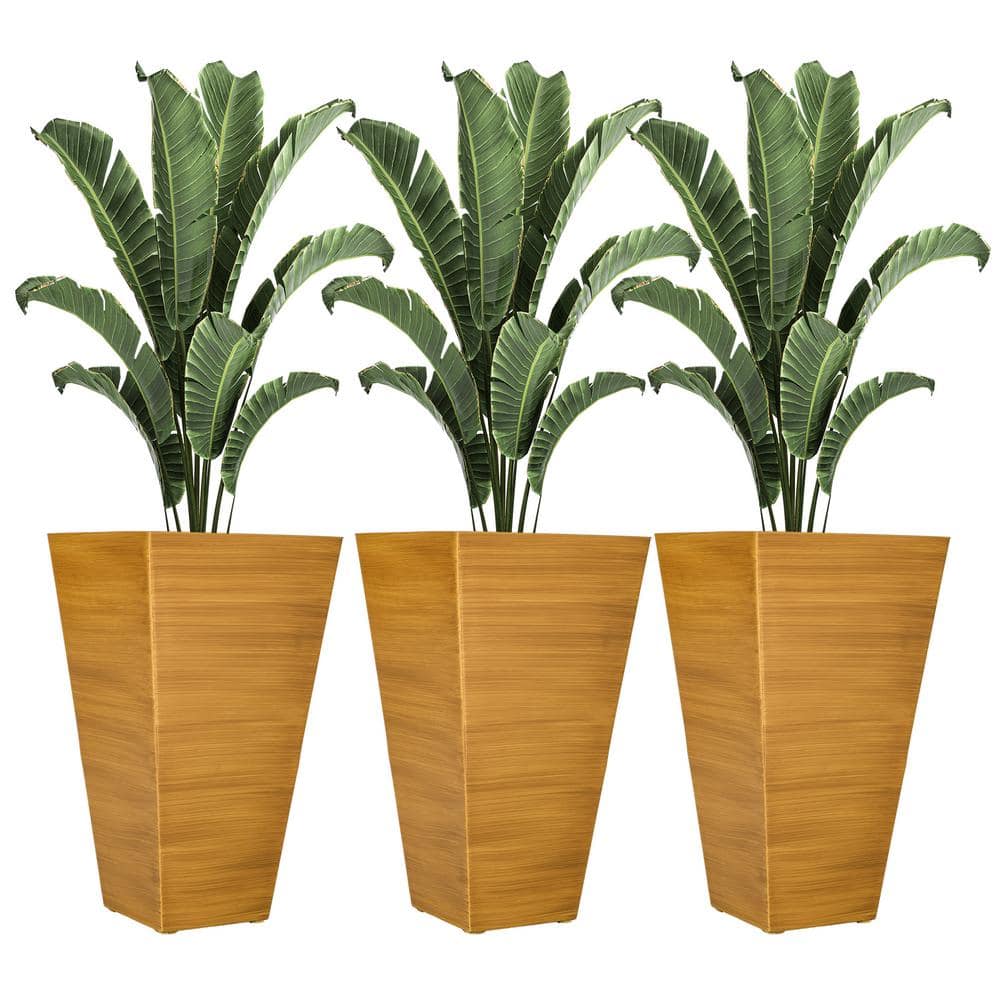 Set of 3 Light Brown Tall Faux Wood Outdoor Planters