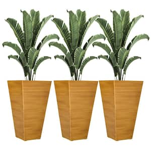 28 Inch Tall Outdoor Planters, Set of 3 Large Taper Planters, Faux Wood Plastic Flower Pots, Tan