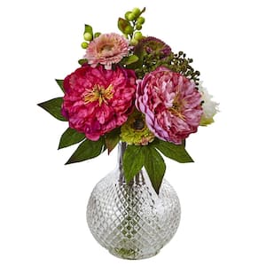 14 in. Artificial Peony and Mum in Glass Vase