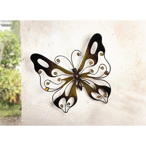 Unbranded 13.8 in. W x 12.2 in. H Metal Warm Brown Butterfly with Glass Beads Wall Art