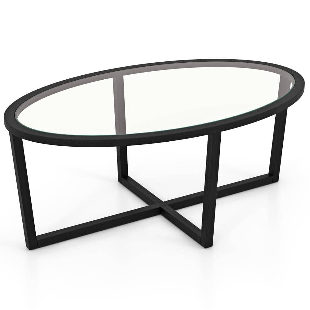 Oval Glass Coffee Table, Cross Base with Wood Legs, Modern Living Room Center Table price history on PriceWatchPro