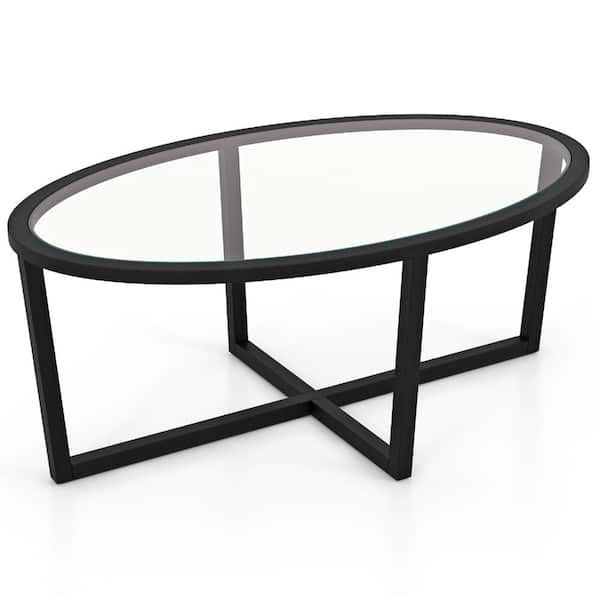 Volenca Oval Glass Coffee Table, Cross Base with Wood Legs, Modern ...