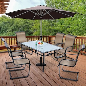 7-Pieces Patio Dining Furniture Set Chair 60 in. Glass Table With Umbrella Hole