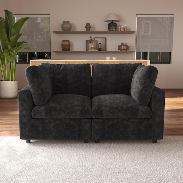 67 in. Square Arm Chenille Couch Modular Free Combination Sectional Sofa in Black 2 Piece